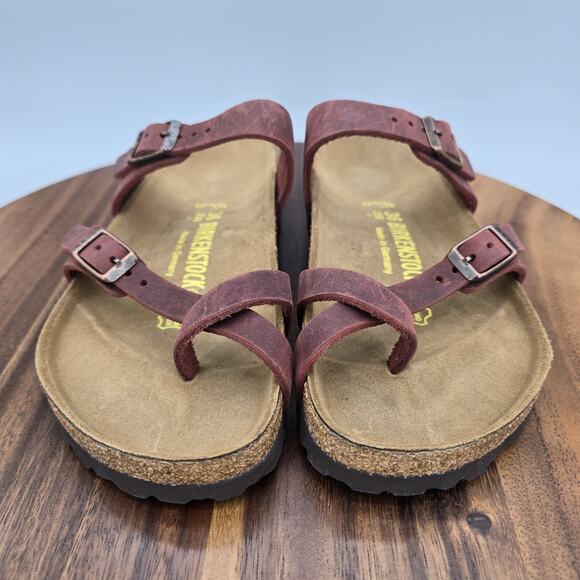 Birkenstock Mayari Sandals Womens 5 36 Red Brown Waxy Leather Shoes Toe Loop - Picture 2 of 8